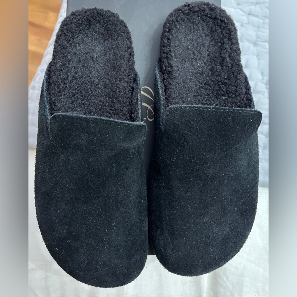J. Crew Black Suede Mules W7 Sherpa Lining
